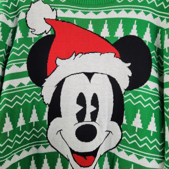 Mickey Mouse Holiday Christmas Sweater Size Medium Santa Hat Green w/ Trees - Picture 3 of 10